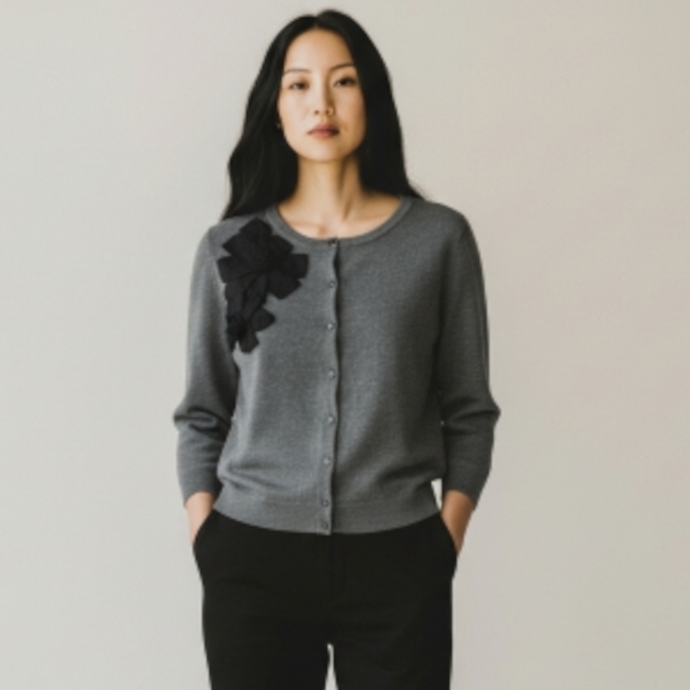 Charter Club‎ Embellished Bow Button Front Sweater Gray Med Emily in Paris Edit
